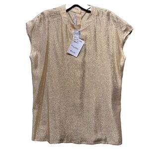 St John Sleeveless Button Up Top Womens 6 Blouse Metallic Gold Shiny Glam NWT